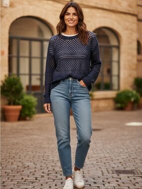 American Eagle Outfitters Navy Open-Knit Crewneck Sweater